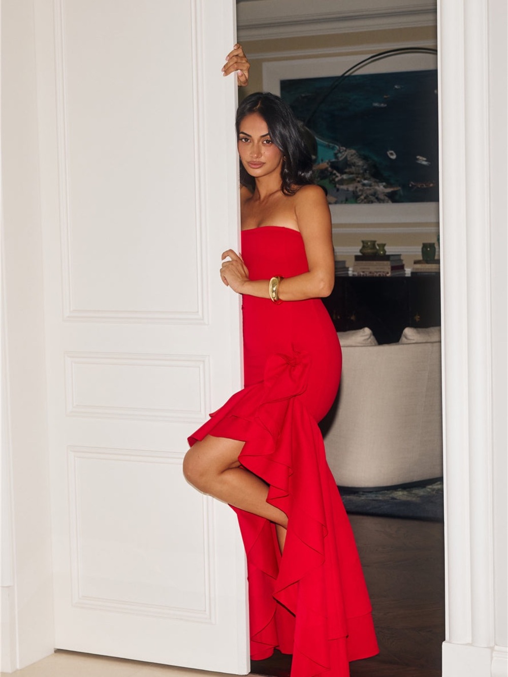 NWT Here comes the Sun Strapless Red Ruffle-Hem Evening Gown Maxi Dress